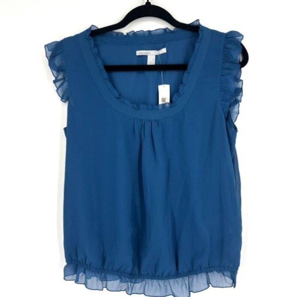 NWT Y2K Old Navy Flutter Sleeve Blue Short Sleeve Blouse Sheer Lace Gauzy Small‎